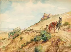 George Phippen, Freighting (The Mule Train Needs Attention), circa 1941, watercolor and graphite on paper laid down on matboard