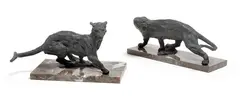 Jonathan Kenworthy, Leopard Skidding to a Halt; Leopard Turning and Snarling (a group of two), 1968, both bronze with black-green patina