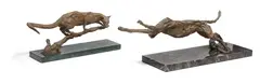 Jonathan Kenworthy, Genet Cat; Cheetah on its Last Bound (a group of two), 1968, both bronze with light brown patina
