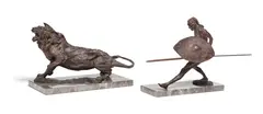 Jonathan Kenworthy, Lion about to attack and Masai in fighting stance (a group of two), both bronze with dark brown patina