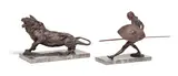 Jonathan Kenworthy, Lion about to attack and Masai in fighting stance (a group of two), both bronze with dark brown patina