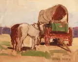 Horses and covered wagon by Edgar Alwin Payne, oil on canvas affixed to board, sold Apr 2019