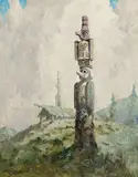 Eustace Paul Ziegler, Totem and cabin, oil and graphite on canvas board