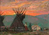 Joseph Henry Sharp, Indian Encampment at Sunset, oil on canvas laid down on board