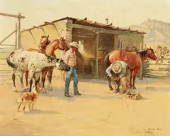 Shoeing the String by Charlie Dye, 1958, oil on board, sold Apr 2019