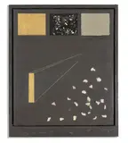 Eric Orr, Radio Play X, 1988, bone, blood, meteorite dust, radio parts, gold leaf and lead on panel