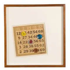 Bingo by Alexis Smith, 1981, plastic buttons and coin collage on printed paper in artist's frame, sold Oct 2017