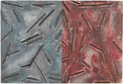 Untitled by Charles Arnoldi, 1983, acrylic, modeling paste and wooden sticks on panel (diptych), offered Oct 2017