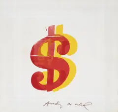 Dollar Sign by Andy Warhol, circa 1982, screenprint ink on handkerchief mounted to canvas, sold Oct 2017
