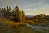 William Keith, Pastoral landscape with cows heading to water, oil on canvas