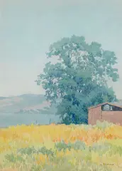 Blue Oak-Clear Lake, Lake County at Lakeport; Contra Costa County Hills near the Walnut Creek Highway (a group of two) by Lorenzo Palmer Latimer, 1933, watercolor on paper; watercolor and graphite on paper board, sold Nov 2016