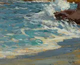 Figures on a beach; Waves breaking (double-sided) by Granville Redmond, 1918, oil on board, sold Nov 2016