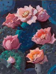 Conrad Buff, Blooming cactus flowers, oil on masonite