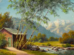 Paul Grimm, Home by the Stream; Palm Springs Hacienda (a group of two), Home oil on paper affixed to board; Hacienda oil on canvasboard
