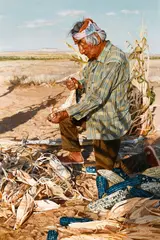 Husking Blue Corn by Ray Swanson, oil on board, offered Nov 2016