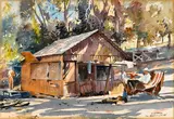 Maurice Logan, Cabin in the woods; Train shack (double-sided), watercolor and graphite on paper