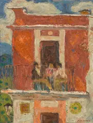 Mabel Alvarez, Three figures on a balcony, oil on canvas board