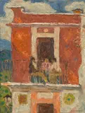 Mabel Alvarez, Three figures on a balcony, oil on canvas board