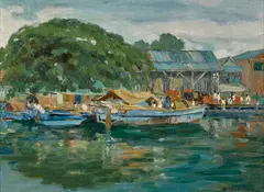 William Twigg-Smith, Hilo Sampens near Old Suisan Fish Market in Hilo, Hawaii, circa 1925, oil on canvas board