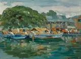 William Twigg-Smith, Hilo Sampens near Old Suisan Fish Market in Hilo, Hawaii, circa 1925, oil on canvas board