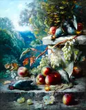 Henri Pauvert, A still life of fruit and dead game on a ledge, oil on canvas