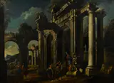Leonardo Coccorante, A capriccio view with ruins and figures in the foreground, oil on canvas laid down on panel
