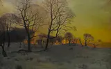 Adolph Larsen, Sunset in the forest, oil on canvas