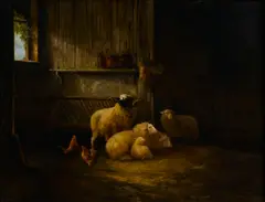 August Knip, Chickens and sheep in a barn, oil on canvas