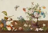 French School, A still life of flowers in a vase with grapes, pears, mushrooms, butterflies, a moth and a snail, watercolor and gouache on paper