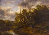 Patrick Nasmyth, A river landscape with a hunter and his dog, oil on panel