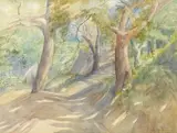 Trees along a path by Marion Wachtel, watercolor on paper affixed to paperboard, offered Dec 2015