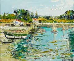 Boats in a harbor by Yolande Ardissone, oil on canvas, sold Dec 2015