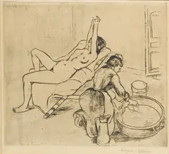 Suzanne Valadon, Adèle préparant le Tub et Ketty aux Bras levés  (P. 10), 1905, Etching on wove paper, possibly a proof aside from the edition of 75