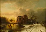Ludvig Munthe, A winter landscape with skaters on a frozen pond