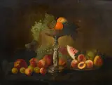 August-Hector Cabuzel, A still life with peaches, grapes and figural compote on a table, oil on canvas
