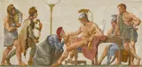 Italian School, Classical figures in an interior with a seated figure thought to be Alexander the Great, tempera on canvas laid down on board
