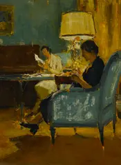 Jules Eugene Pages, A quiet moment; An interior scene with flowers in a vase (group of 2), first oil on cardboard; second oil on canvas affixed to cardboard