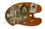 John R. Grabach, A wooden palette painted with fantastic creatures, figures, and a tromp l'oeil photograph of a lady