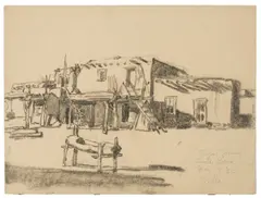 Hernando Gonzallo Villa, Finest house, Santa Clara; Taos scene with figures and studies of figures (group of 2), first charcoal on paper; second charcoal and pencil on paper