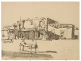 Hernando Gonzallo Villa, Finest house, Santa Clara; Taos scene with figures and studies of figures (group of 2), first charcoal on paper; second charcoal and pencil on paper
