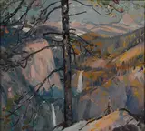 Little Yosemite by Alfred R. Mitchell, oil on canvas laid to board, offered Aug 2015