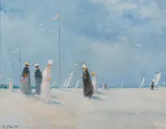 Frederick McDuff, Ladies on a beach with sailboats in the distance, oil on canvas