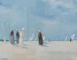 Frederick McDuff, Ladies on a beach with sailboats in the distance, oil on canvas