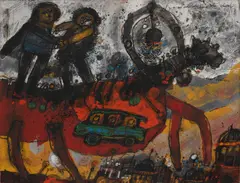Théo Tobiasse, Il y a un autobus dans notre cheval, 1967, oil and ink on paper laid down on masonite