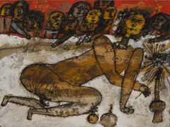 Théo Tobiasse, La lumière des hommes n'est pas éteinte, 1967, oil and ink on paper laid down on masonite