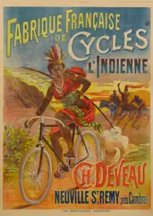 unknown Artist, Cycles L'Indienne - Ch. Deveau, Neuville St. Rémi près Cambra, c. 1900, Lithographic poster in colors on two sheets of wove paper backed with linen