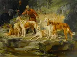 Federico Olaria, A group of Borzoi with a cossack hunter, oil on canvas