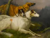 Maud Earl, On leash, the Borzois "Korotai", "Zeneitra" and "Piolla", oil on canvas