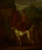Jan Wyck, Figures and hounds gathered before the hunt, oil on canvas