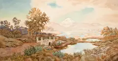 Paul Fischer, Rural life in Mexico; A landscape with mountain lakes (2), first signed with monogram 'PF' and inscribed 'Mex' (lower right); second signed with monogram 'PF' (lower right)